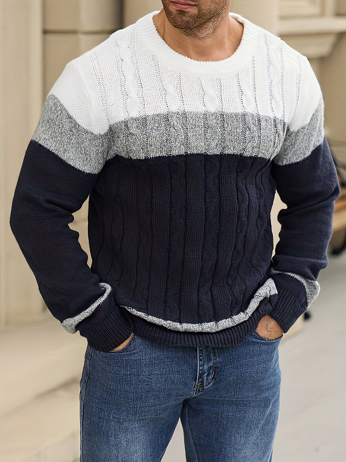 Pull homme maille à blocs de couleurs col rond — Gris-bleu