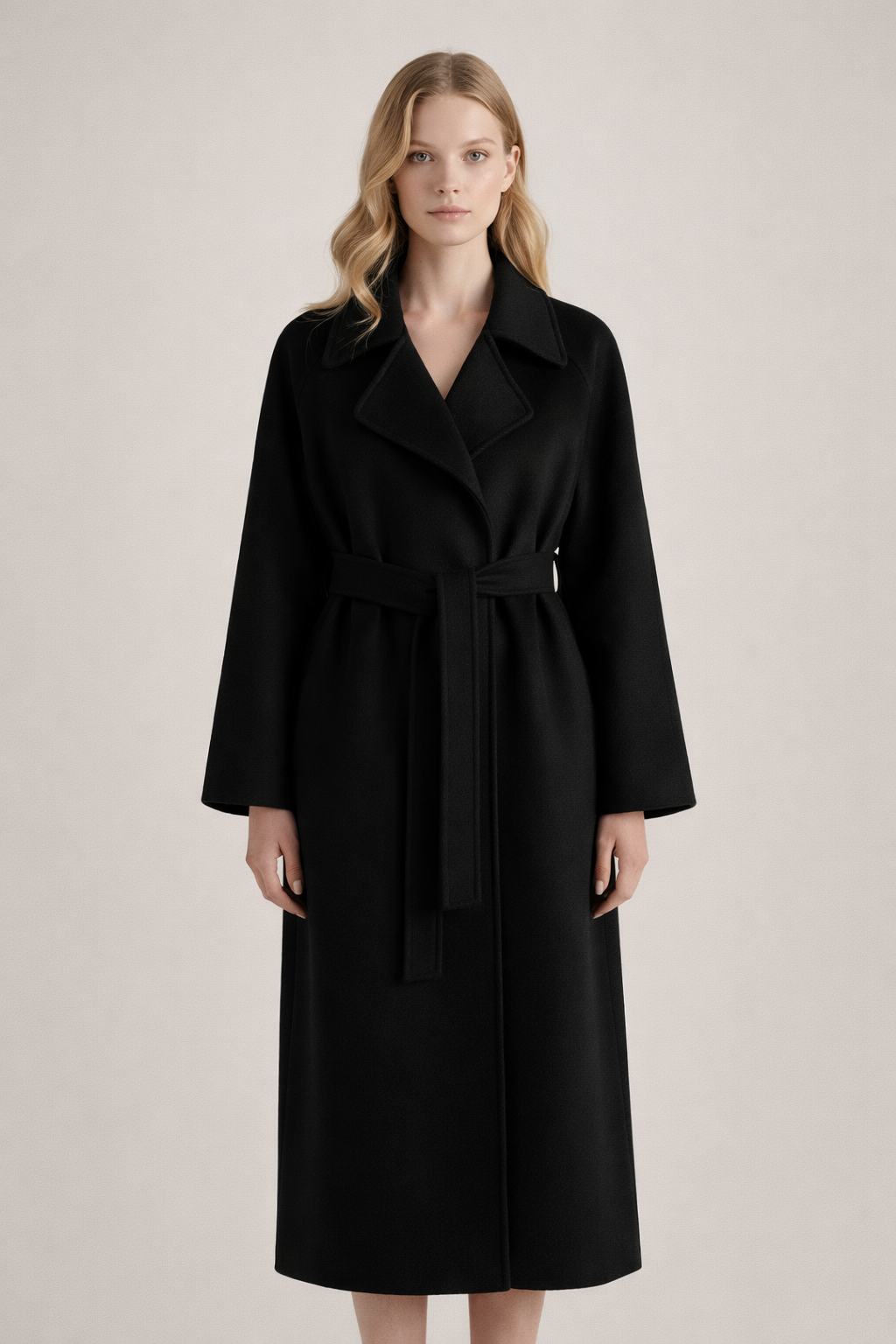 Manteau long femme coupe droite ceinturée, col à revers d'automne-hiver