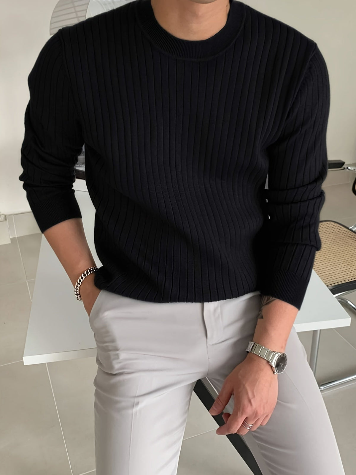 Pull homme maille col rond manches longues