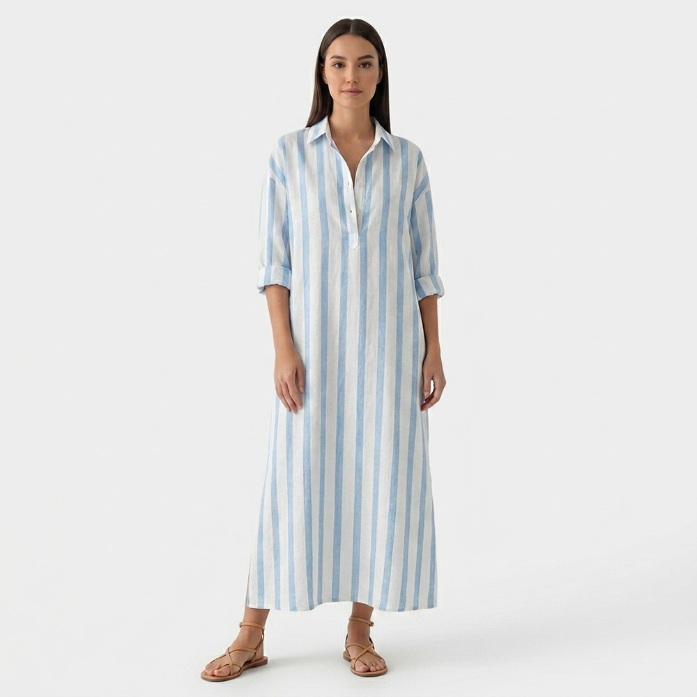Rivaclo | Women's Striped Dress with Collar – Side Slit with Pockets