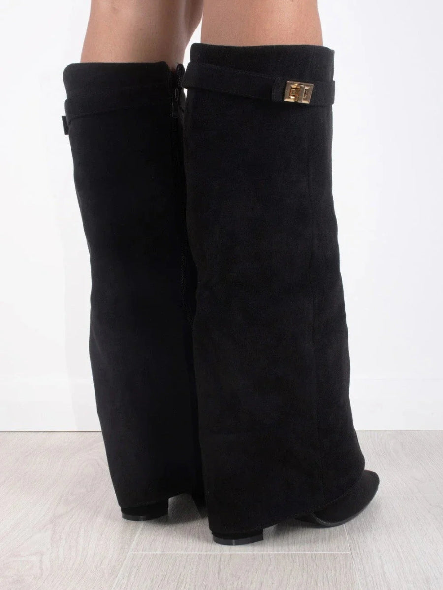 Bottes femme rabat talon bloc imitation daim