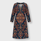 Femme Robe Maxi Rayée à Col V à Manches Longues | Style Décontracté