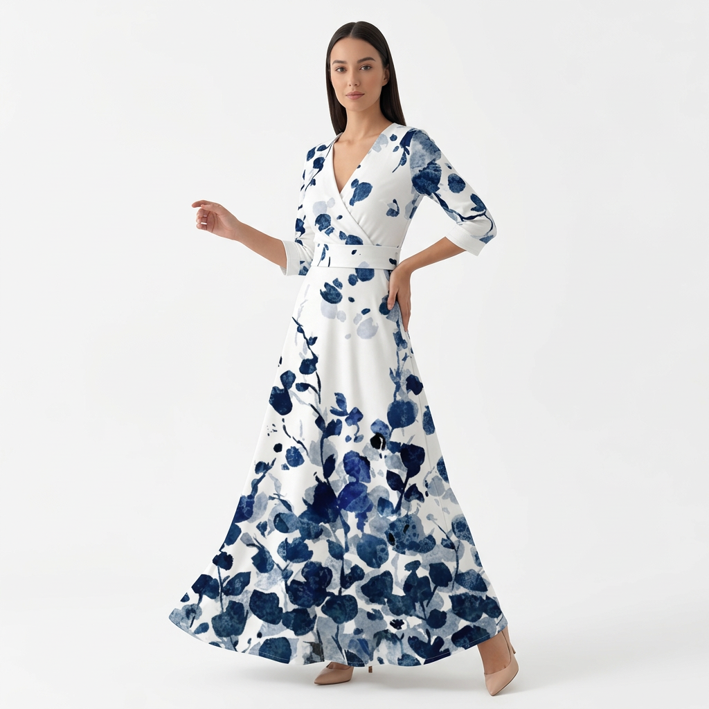 Femme Robe Maxi Imprimée à Col V à Manches 3/4 | Style Fluide
