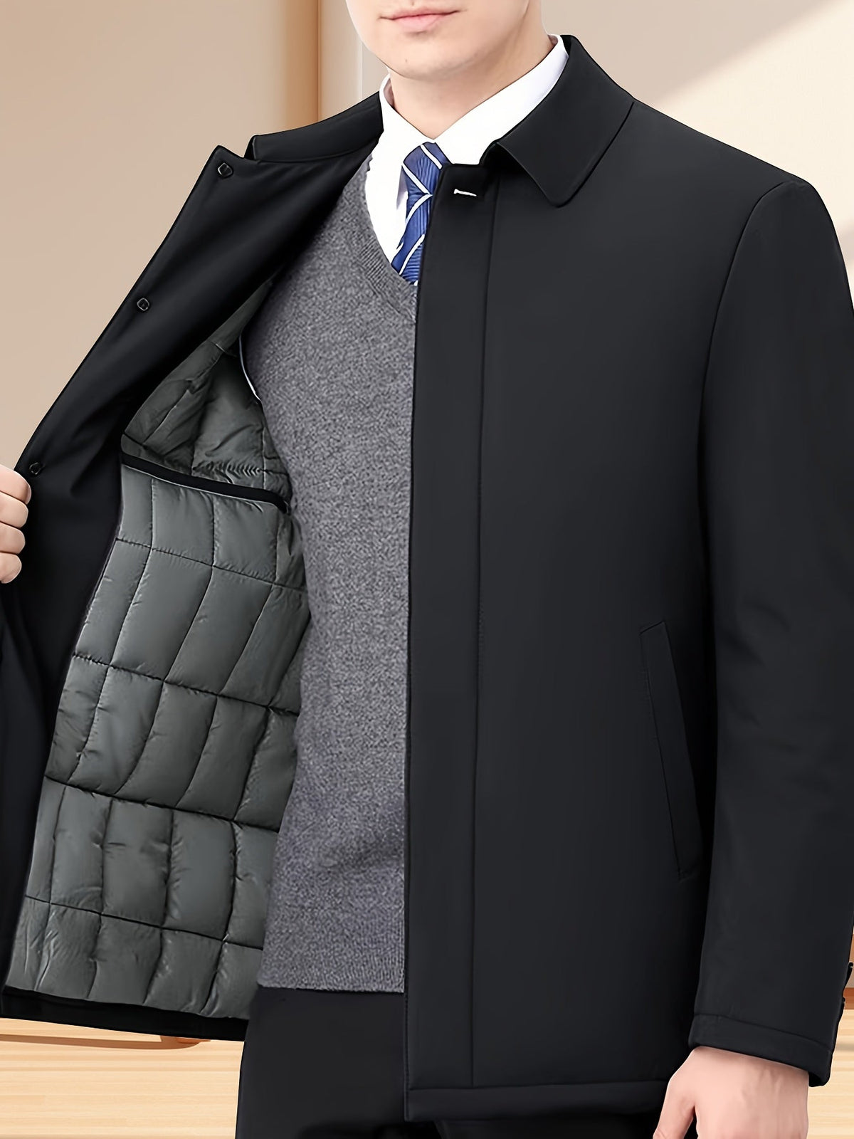 Veste homme hiver chaude col à revers zippée — Noir