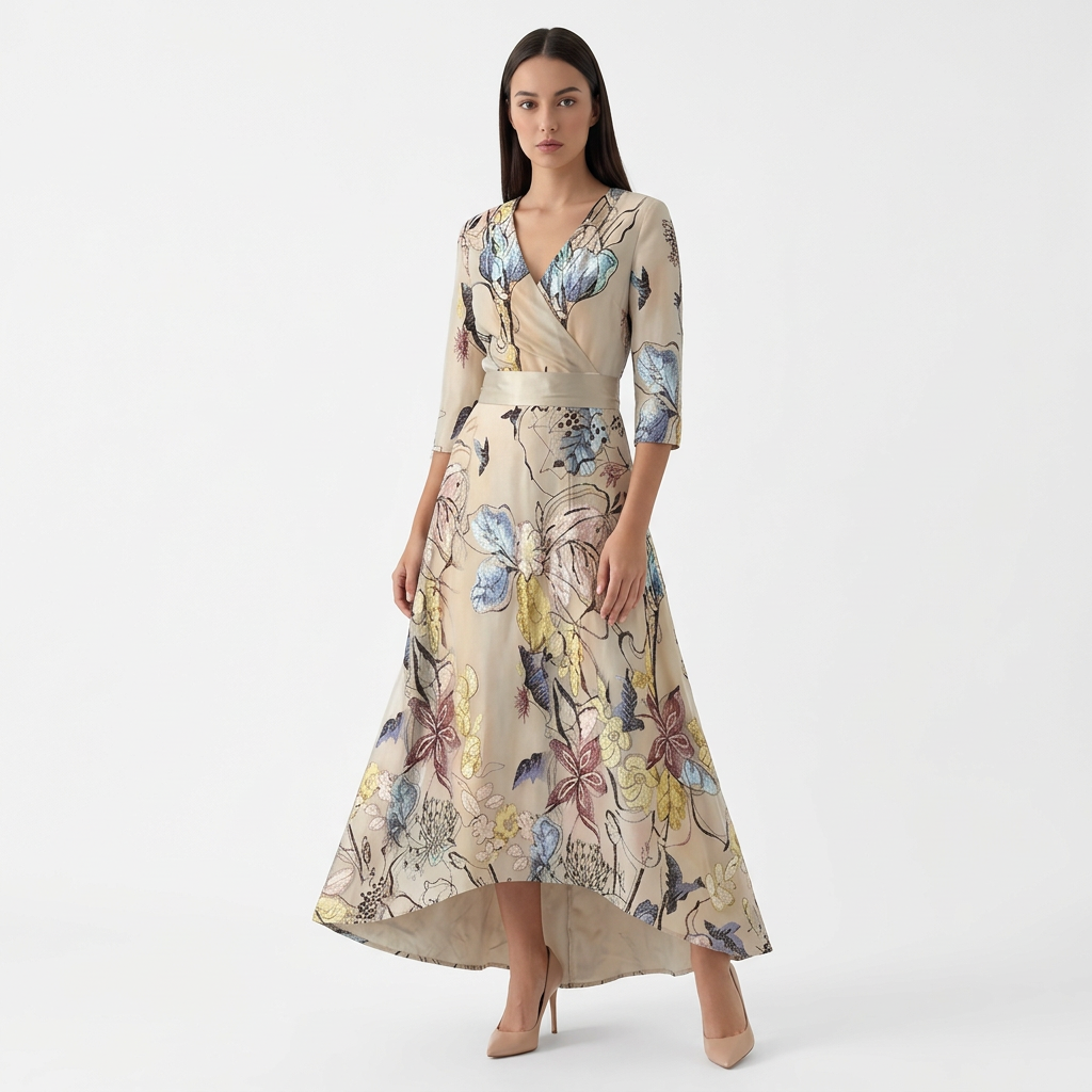 Femme Robe Maxi Imprimée à Col V à Manches 3/4 | Style Fluide