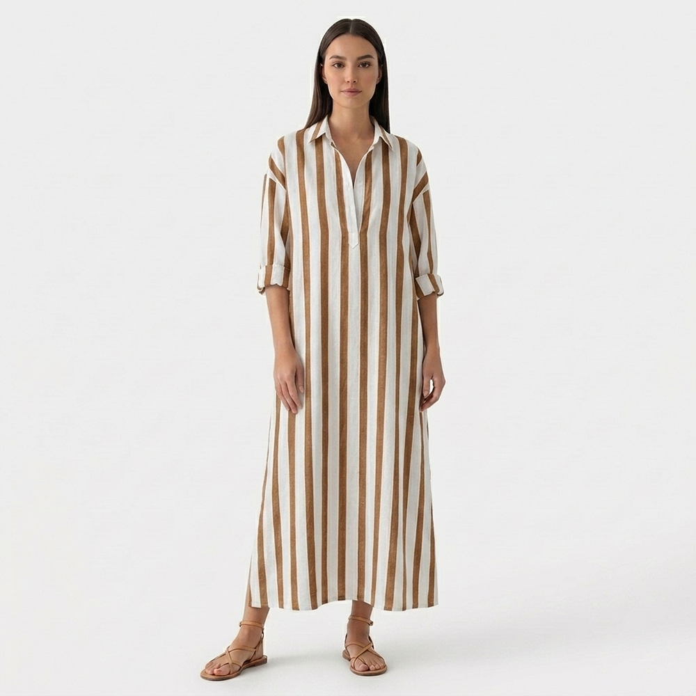 Rivaclo | Women's Striped Dress with Collar – Side Slit with Pockets