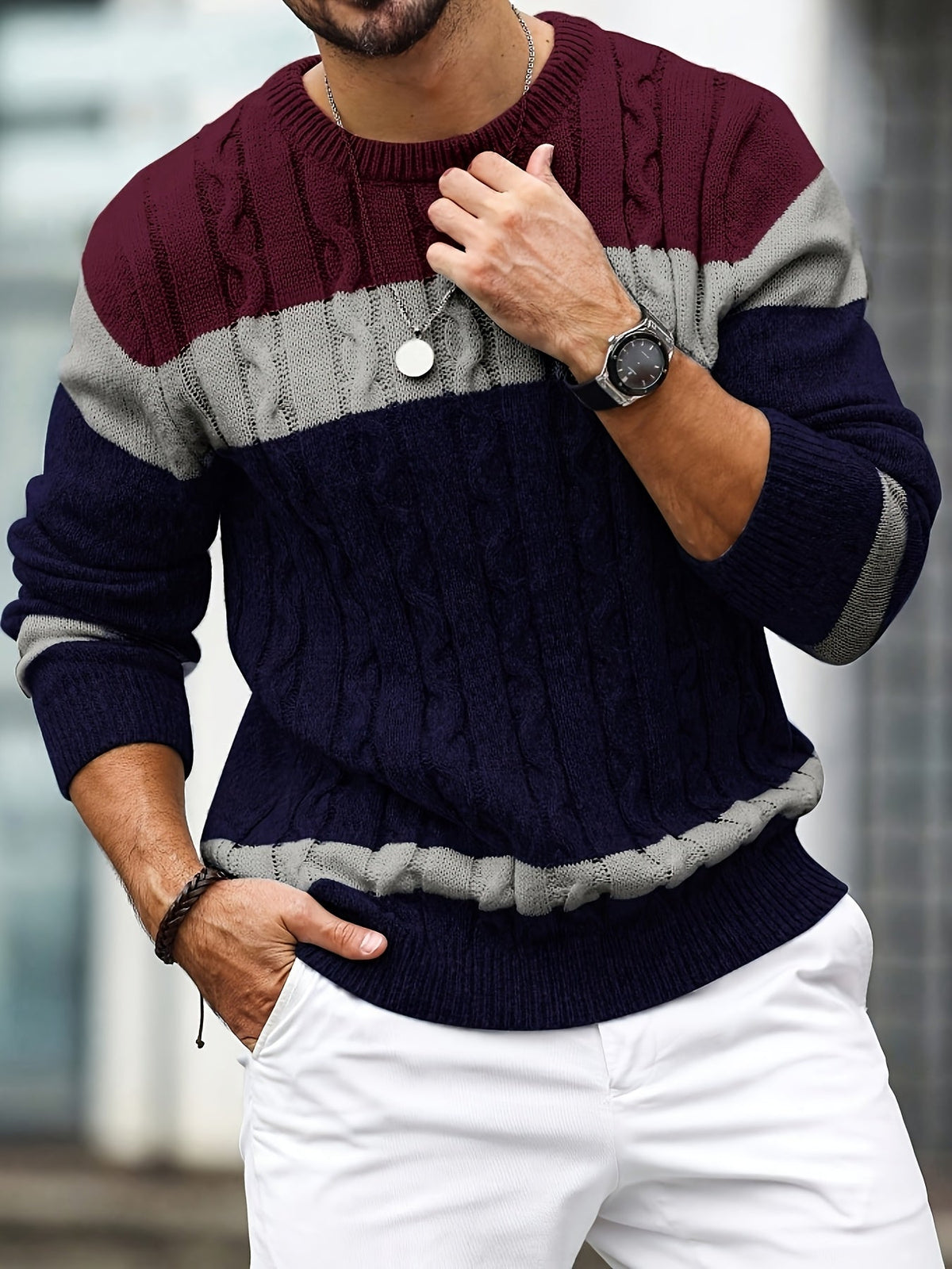 Pull homme maille à blocs de couleurs col rond — Bleu rouge