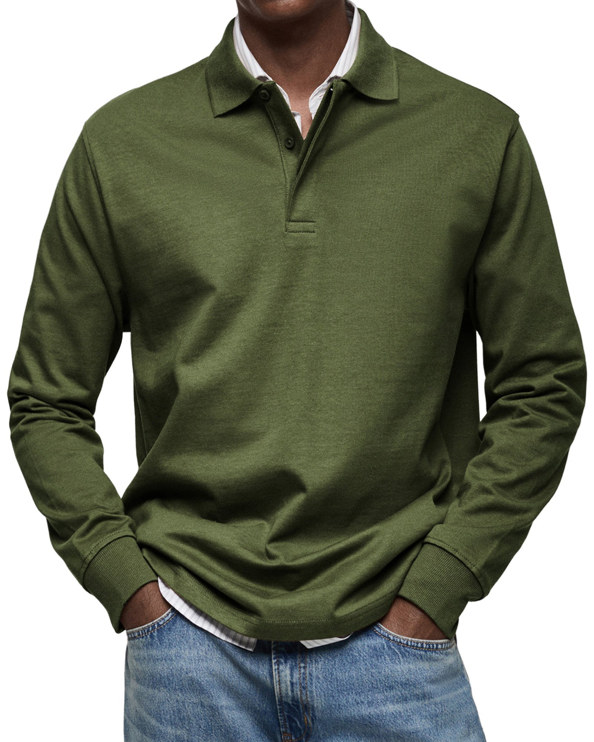 Polo homme manches longues coupe confortable — Vert Militaire