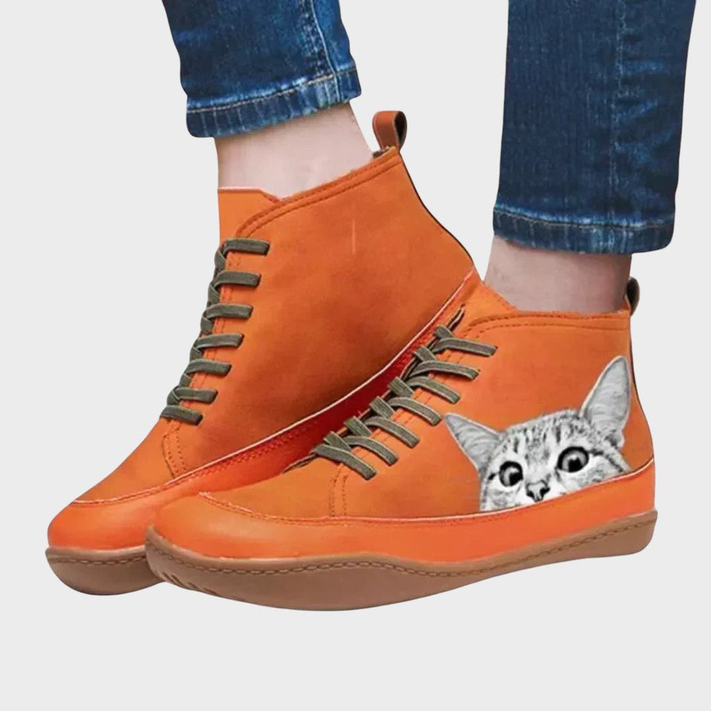 Bottes femme imitation cuir à motif chat — Imitation cuir orange