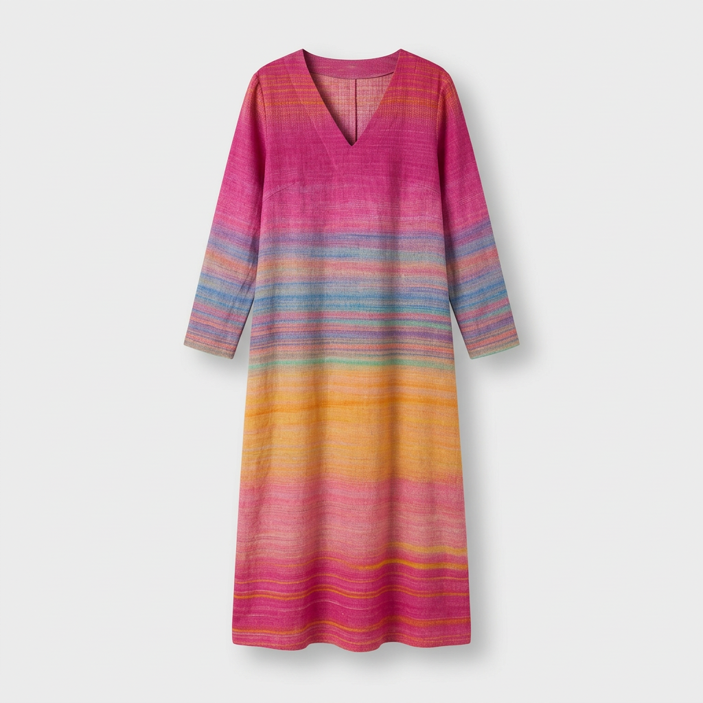 Femme Robe Maxi Rayée à Col V à Manches Longues | Style Décontracté