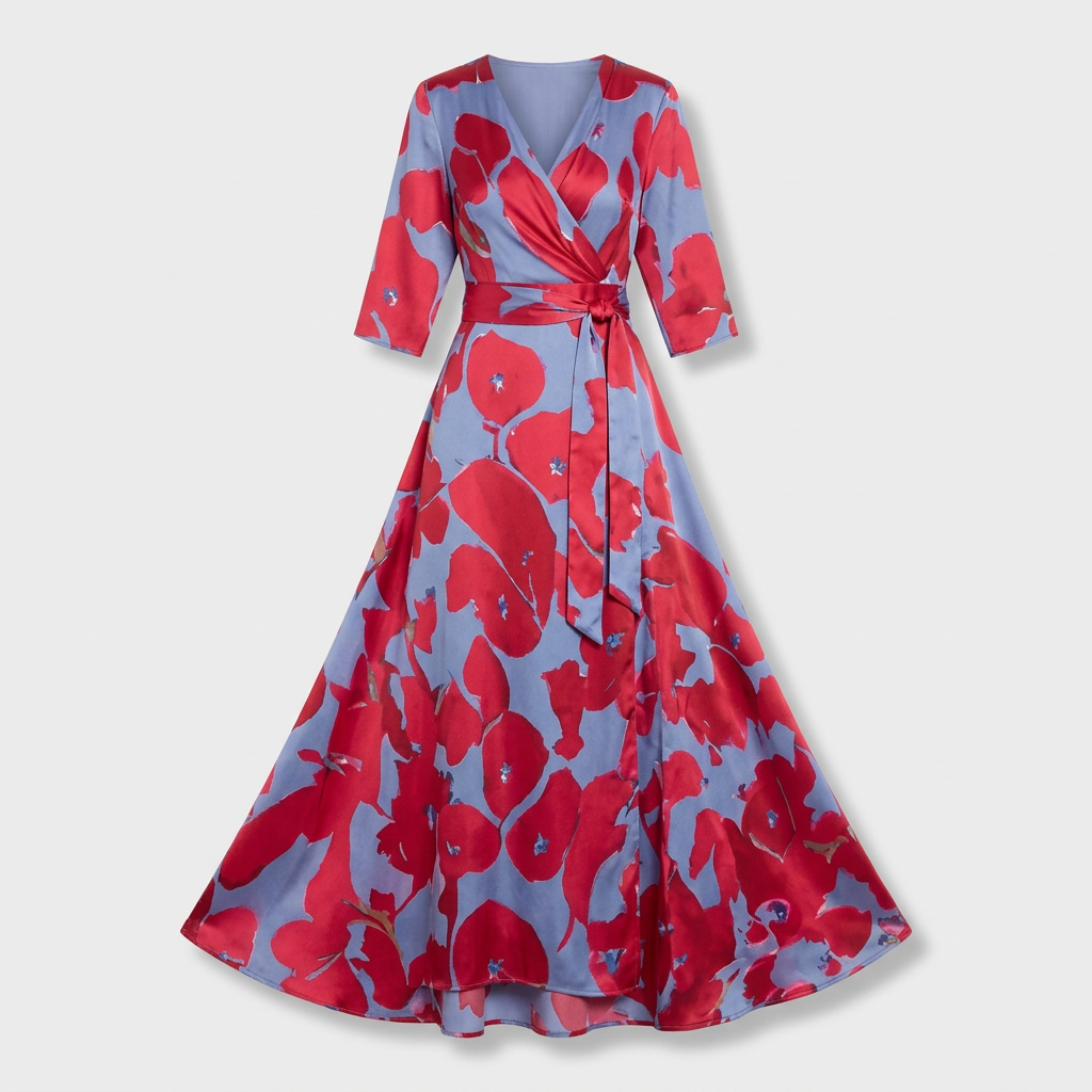 Femme Robe Maxi Imprimée à Col V à Manches 3/4 | Style Fluide