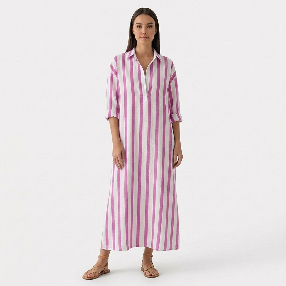 Rivaclo | Women's Striped Dress with Collar – Side Slit with Pockets