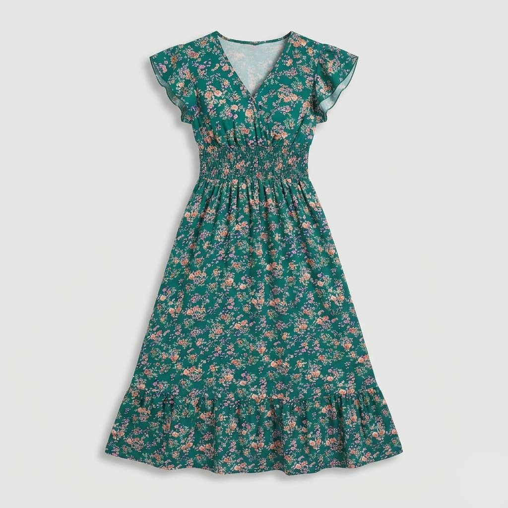 Rivaclo | Women's Printed Maxi Dress – V-Neck with Ruffled Sleeves