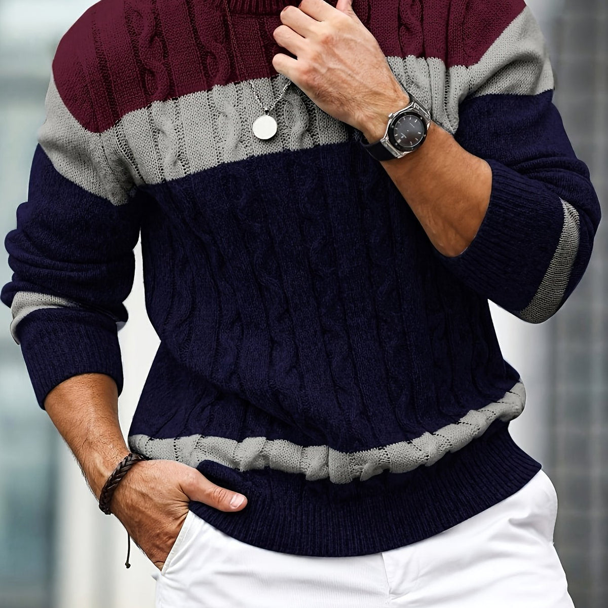 Pull homme maille à blocs de couleurs col rond
