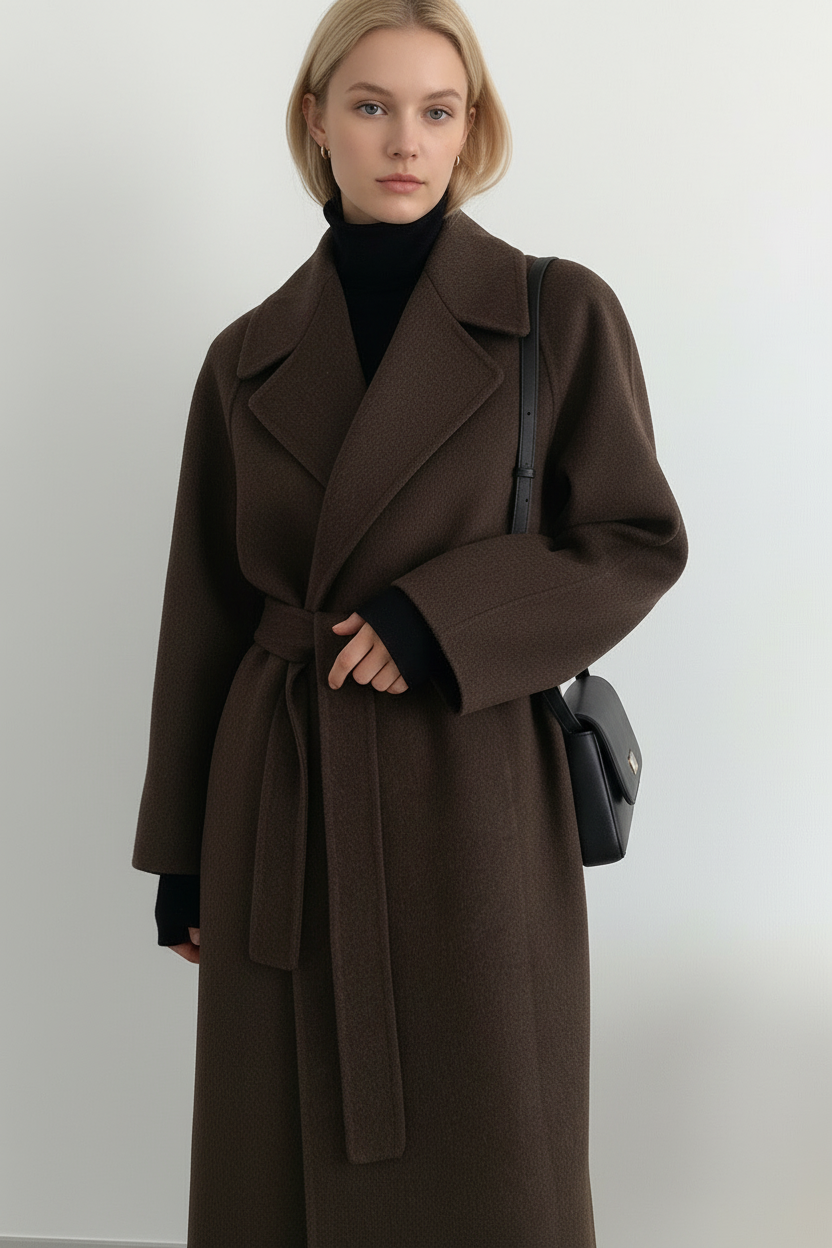 Manteau long femme coupe droite ceinturée, col à revers d'automne-hiver