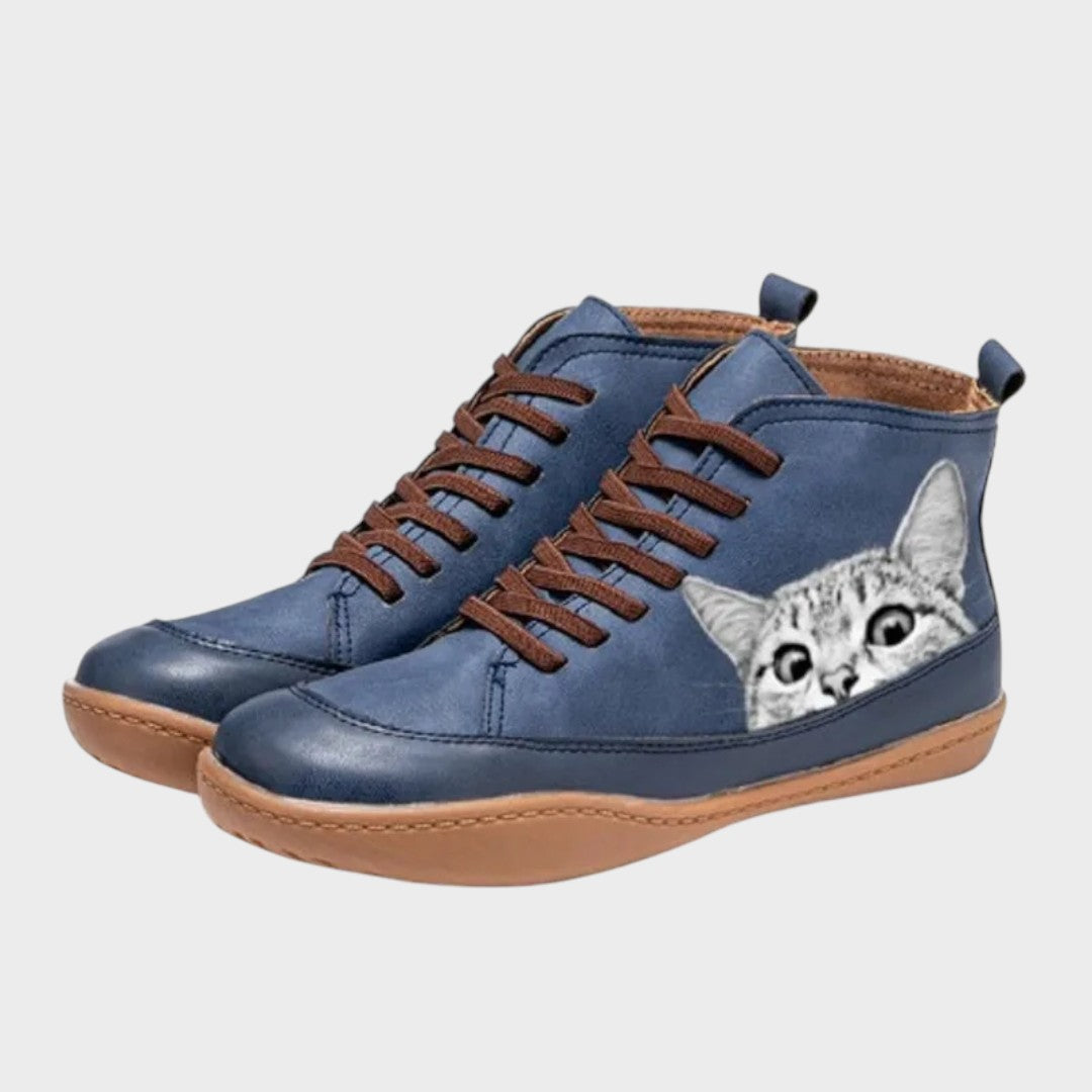 Bottes femme imitation cuir à motif chat — Imitation cuir bleu