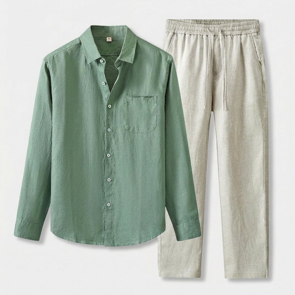 Rivaclo | Men's Long Sleeve Shirt and Pants Set – Green Elastic Waist