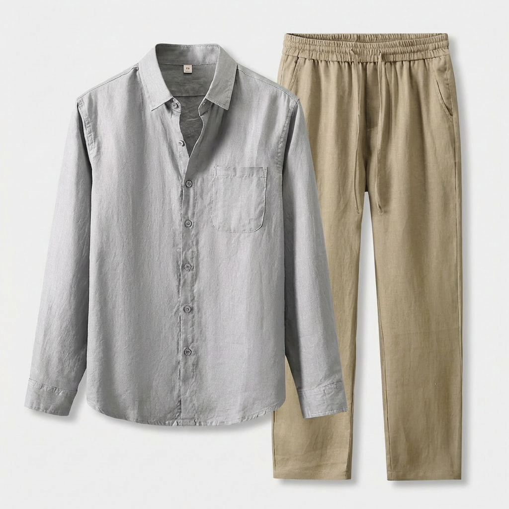 Rivaclo | Men's Long Sleeve Shirt and Pants Set – Green Gray Elastic Waist