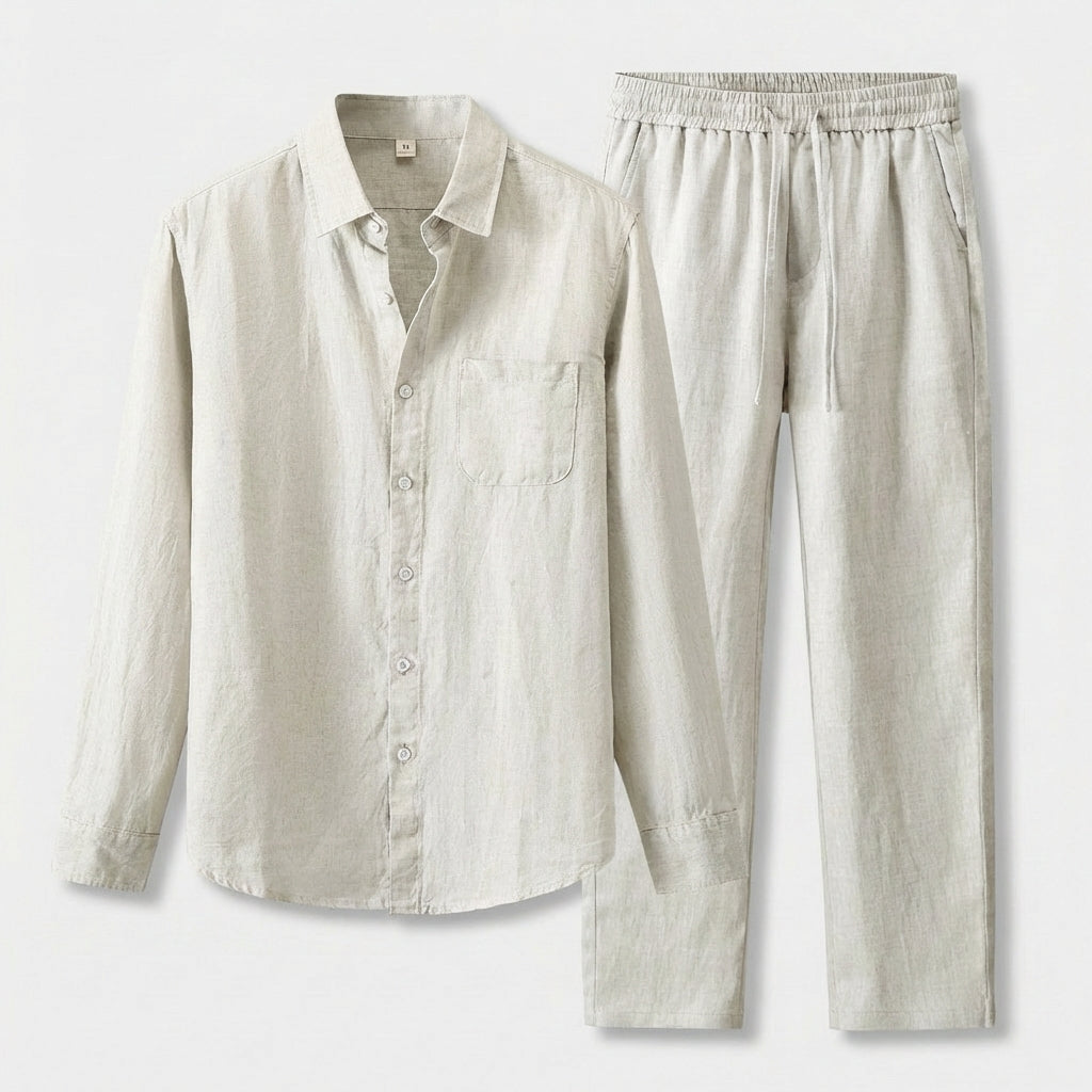Rivaclo | Men's Long Sleeve Shirt and Pants Set – Beige Elastic Waist