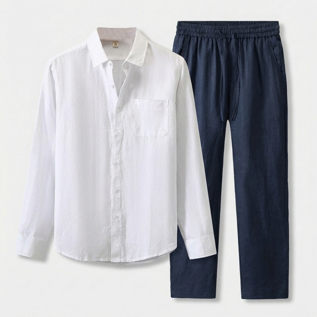 Rivaclo | Men's Long Sleeve Shirt and Pants Set – White Blue Elastic Waist