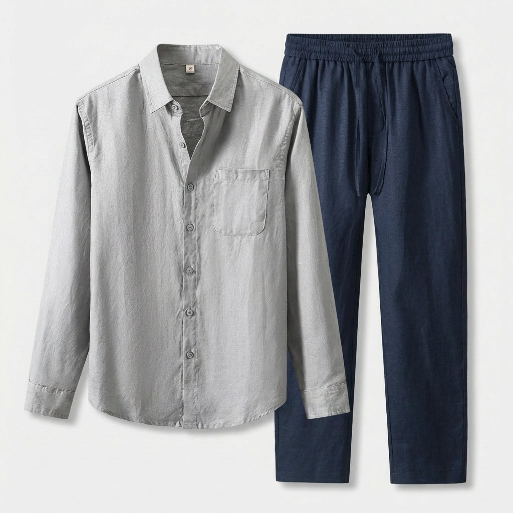 Rivaclo | Homme Ensemble Chemise Manches Longues et Pantalon – Taille Élastique Gris Bleu
