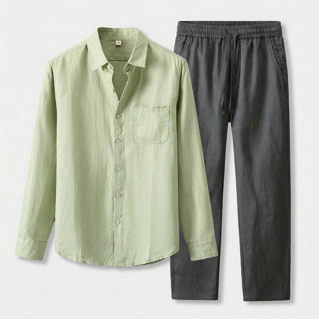 Rivaclo | Homme Ensemble Chemise Manches Longues et Pantalon – Taille Élastique Vert Clair Gris