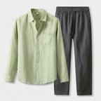 Rivaclo | Homme Ensemble Chemise Manches Longues et Pantalon – Taille Élastique Vert Clair Gris