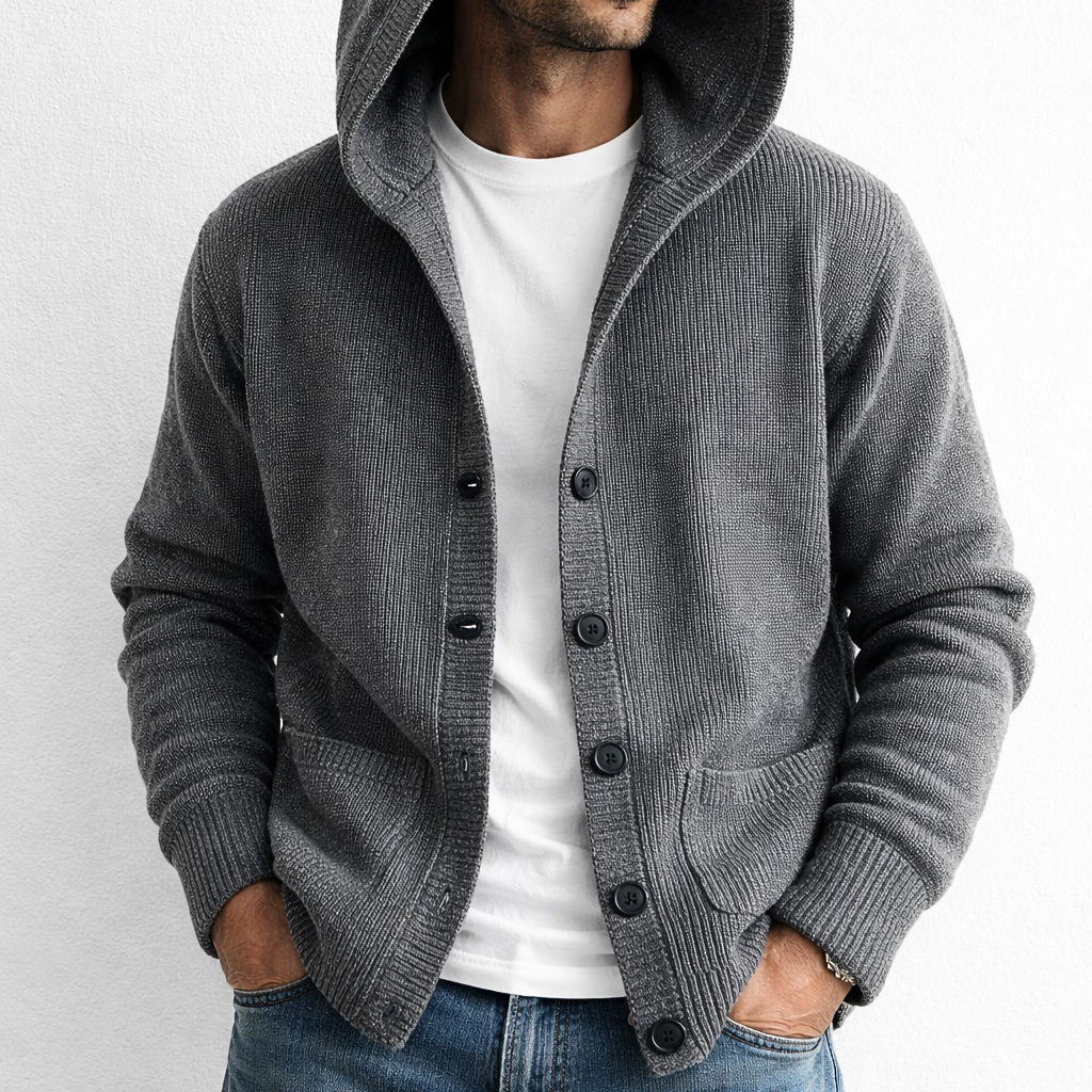 Cardigan homme maille à capuche boutonnée
