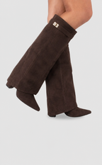 Bottes femme rabat talon bloc imitation daim — Imitation daim marron foncé