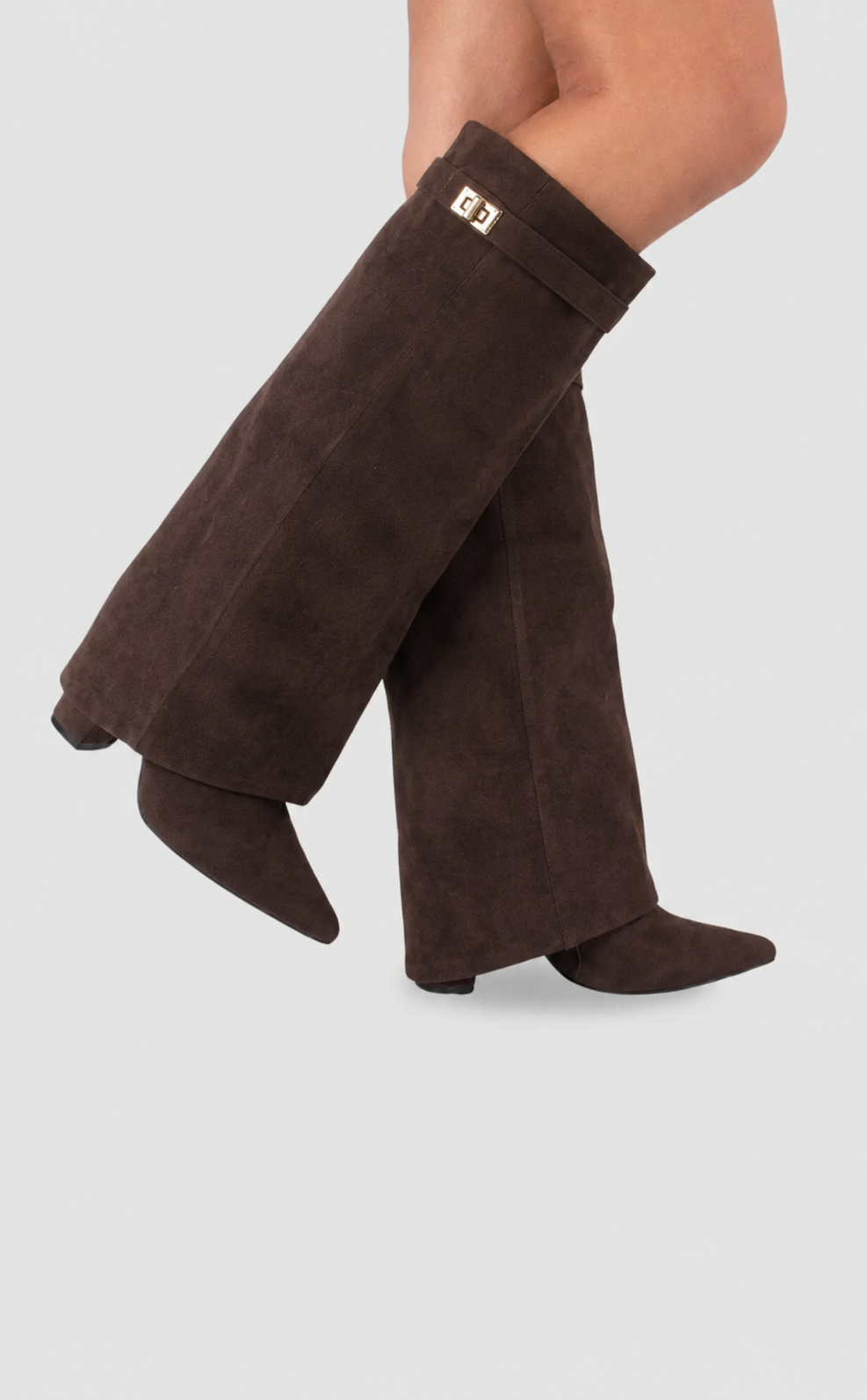 Bottes femme rabat talon bloc imitation daim — Imitation daim marron foncé