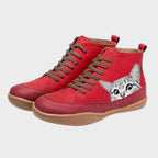 Bottes femme imitation cuir à motif chat — Imitation cuir rouge