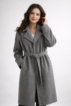 Manteau long femme coupe droite ceinturée, col à revers d'automne-hiver