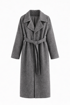 Manteau long femme coupe droite ceinturée, col à revers d'automne-hiver