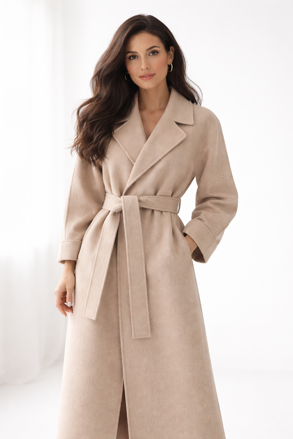 Manteau long femme coupe droite ceinturée, col à revers d'automne-hiver