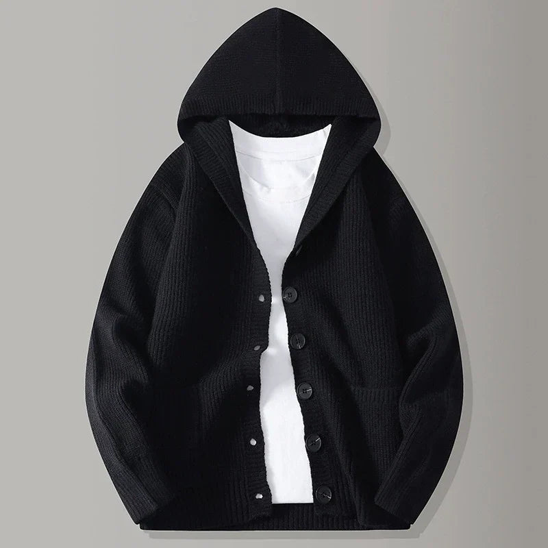 Cardigan homme maille à capuche boutonnée — Noir Minuit