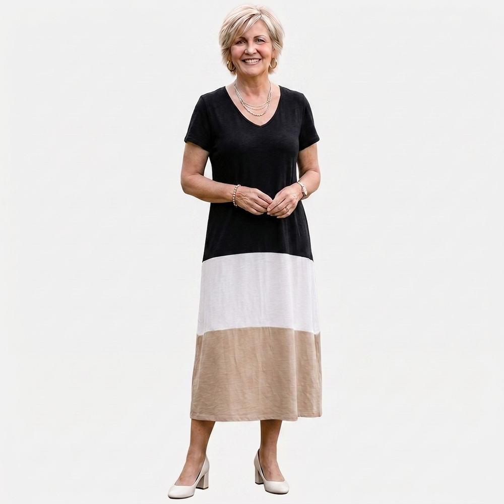 Rivaclo | Women's Gradient V-Neck Dress with Short Sleeves – Fluid Silhouette