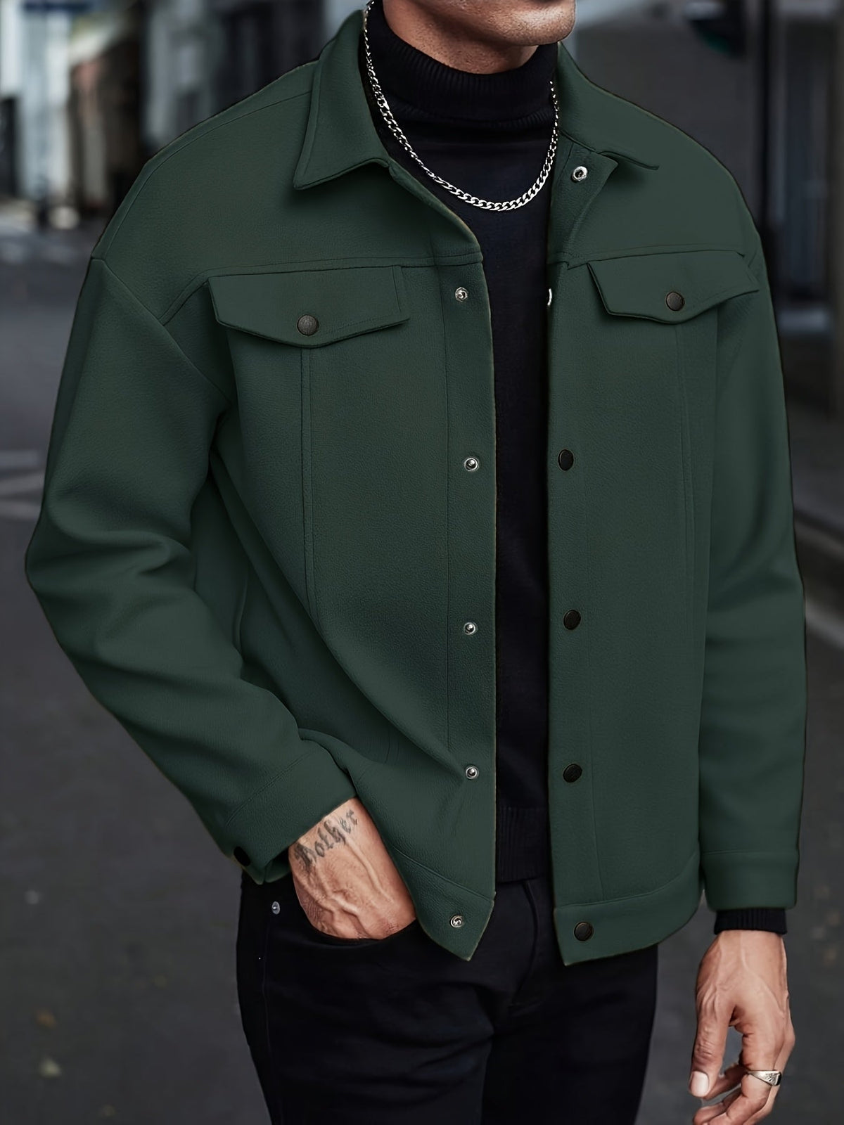 Veste homme col à revers boutons-pression — Vert foncé