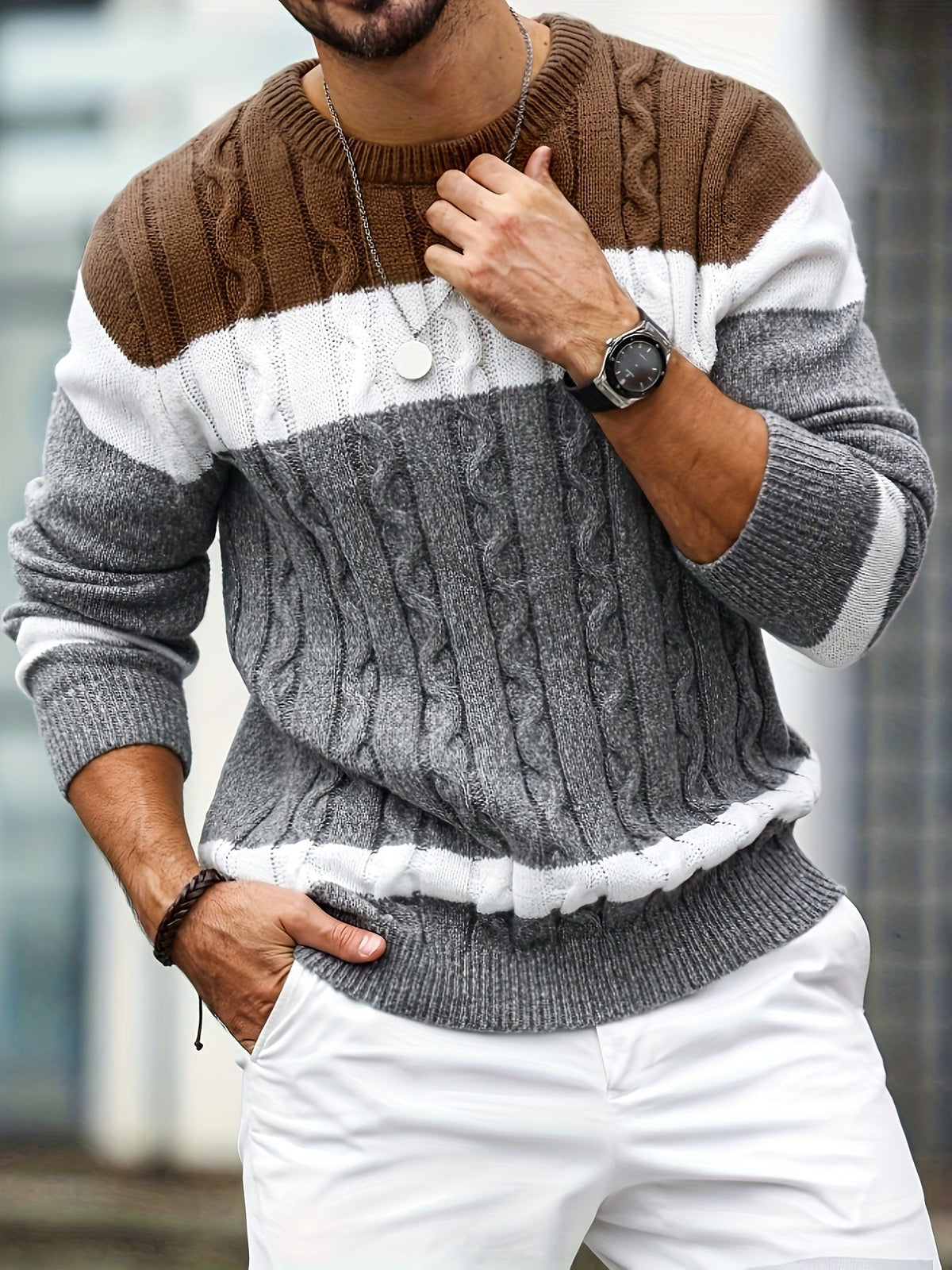 Pull homme maille à blocs de couleurs col rond — Marron gris