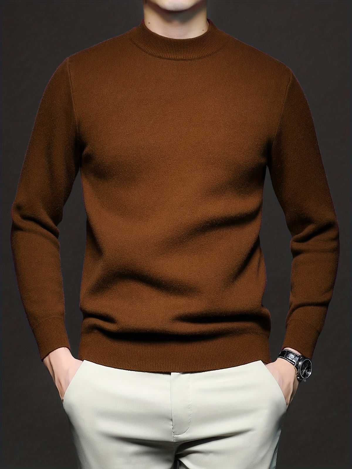 Pull à col roulé homme maille douce hiver — Brun olive