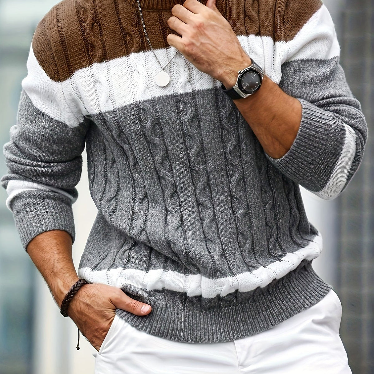 Pull homme maille à blocs de couleurs col rond