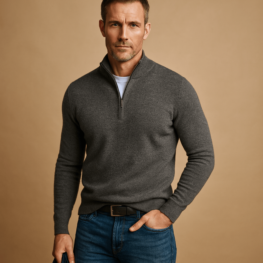 Pull homme zippé maille douce col montant — Gris
