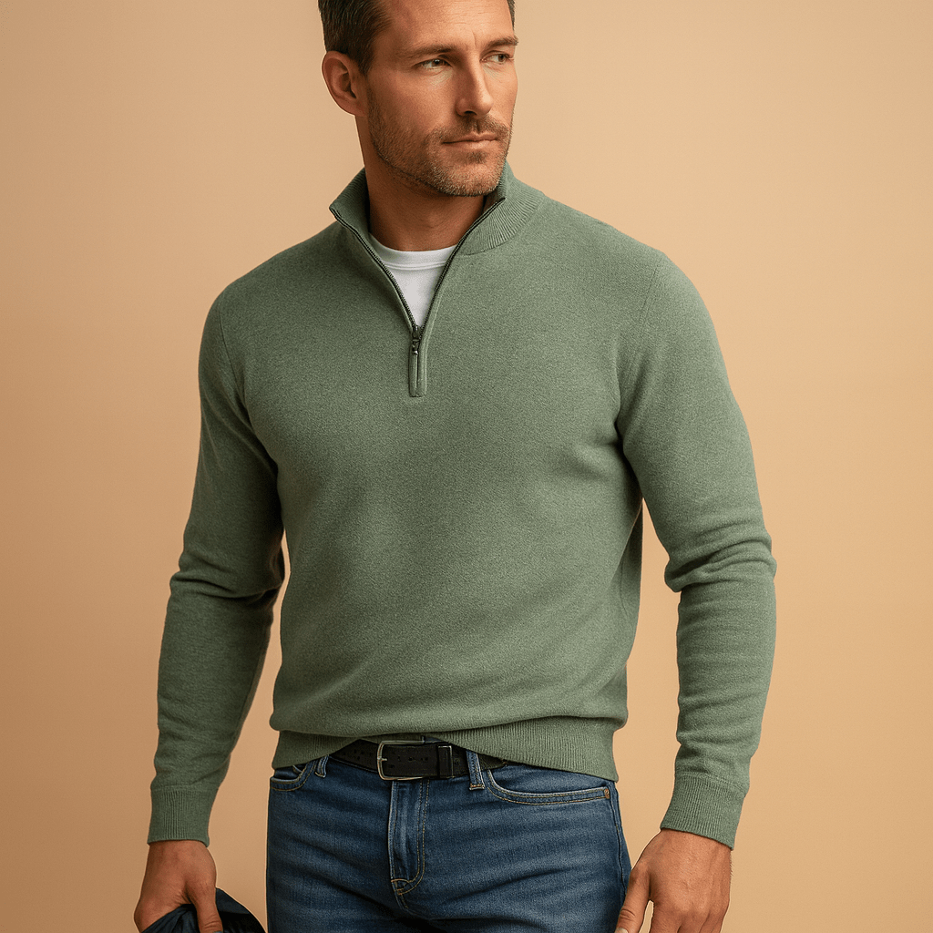 Pull homme zippé maille douce col montant — Vert