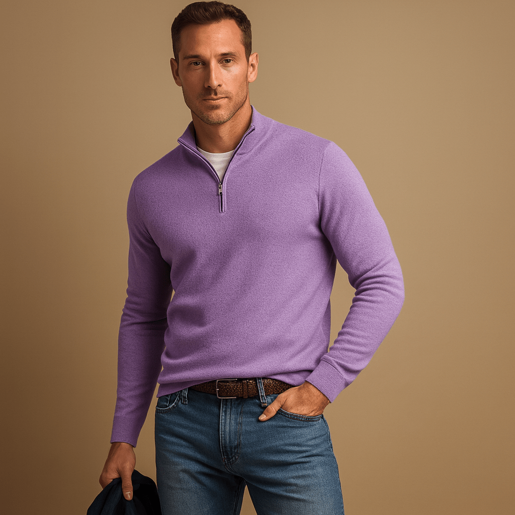 Pull homme zippé maille douce col montant — Violet