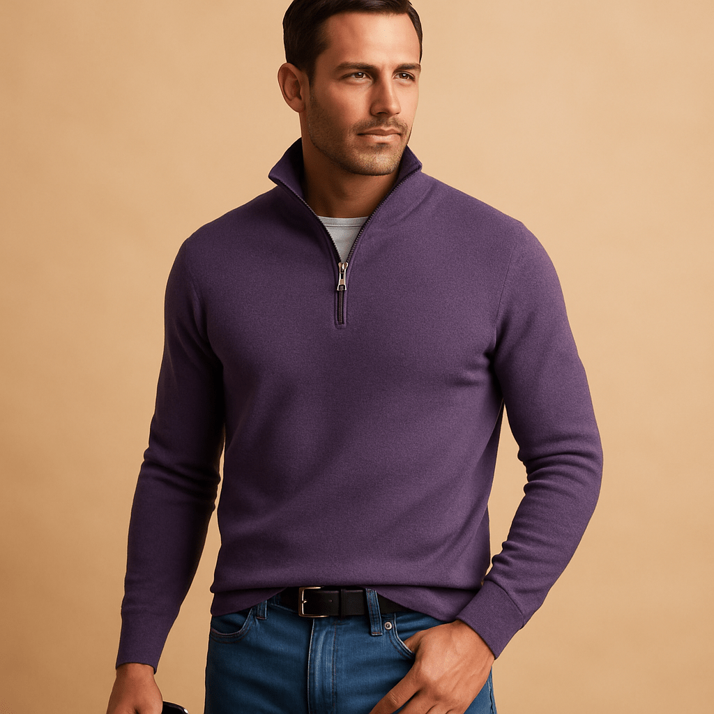 Pull homme zippé maille douce col montant — Violet foncé