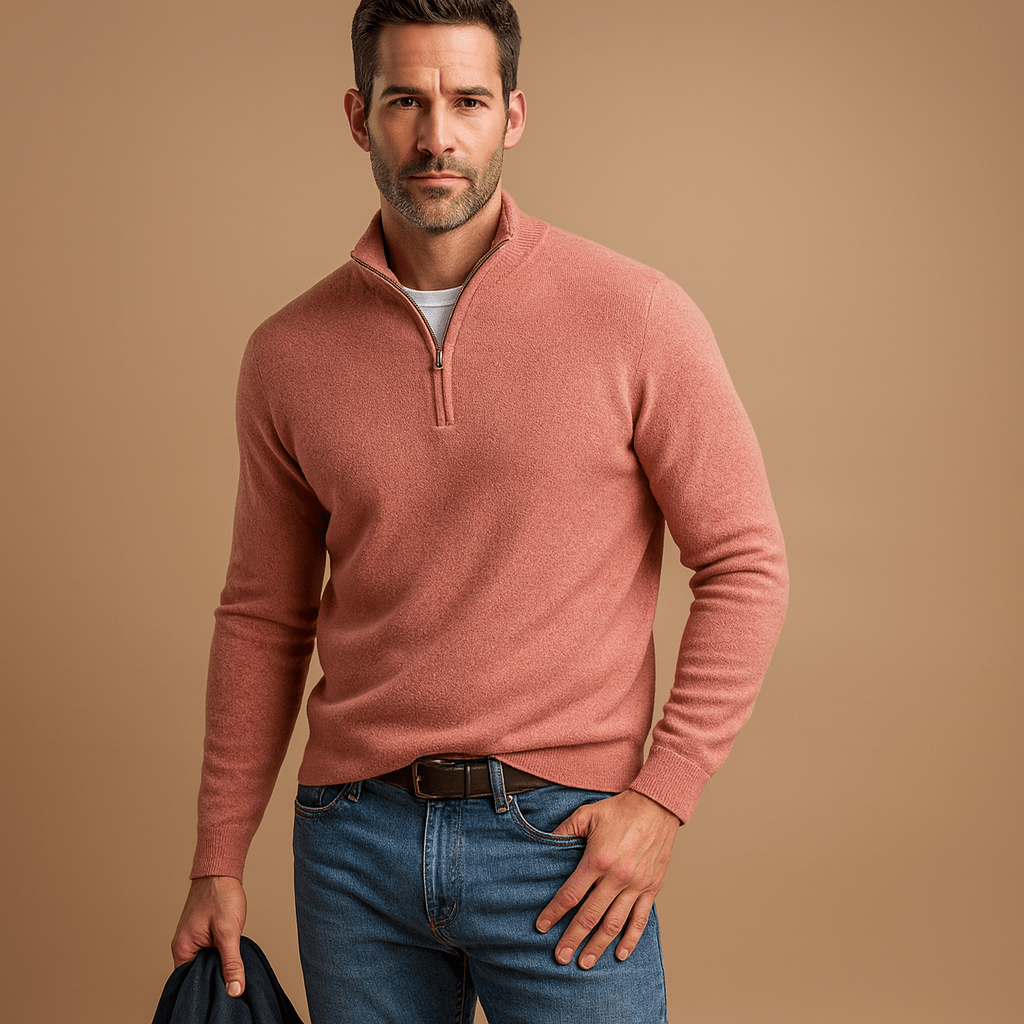 Pull homme zippé maille douce col montant — Rose