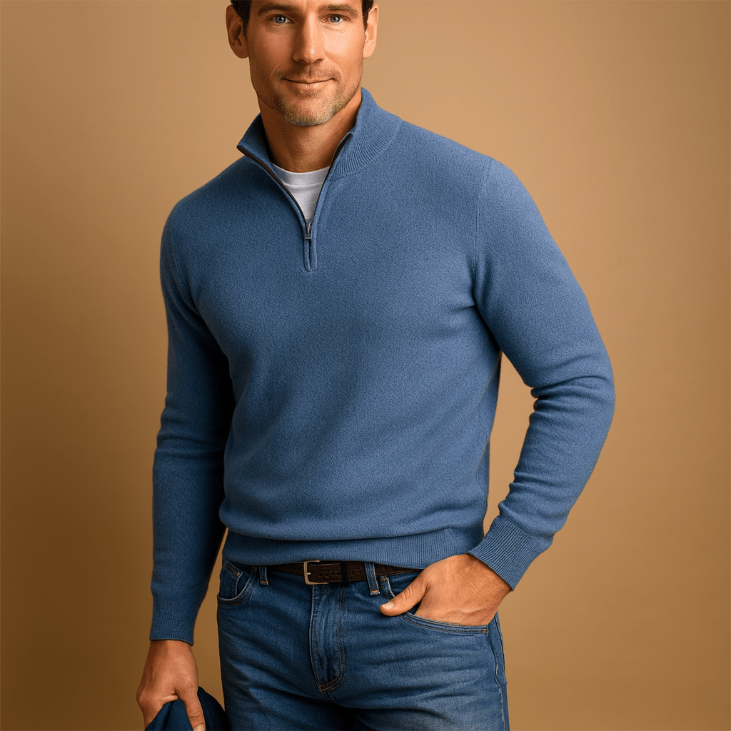 Pull homme zippé maille douce col montant — Bleu