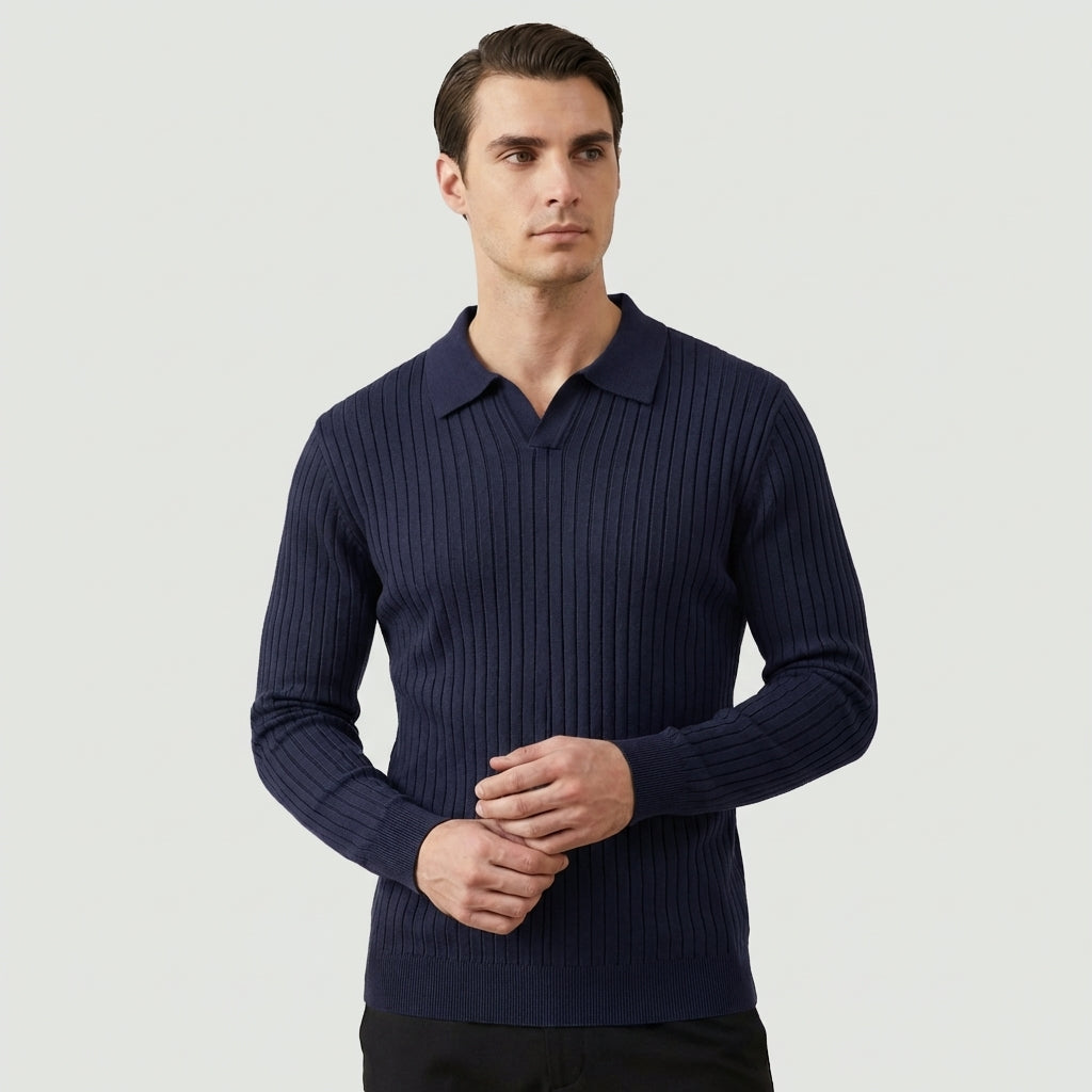 Rivaclo | Homme Polo en Maille Côtelée à Manches Longues | Coupe Ajustée