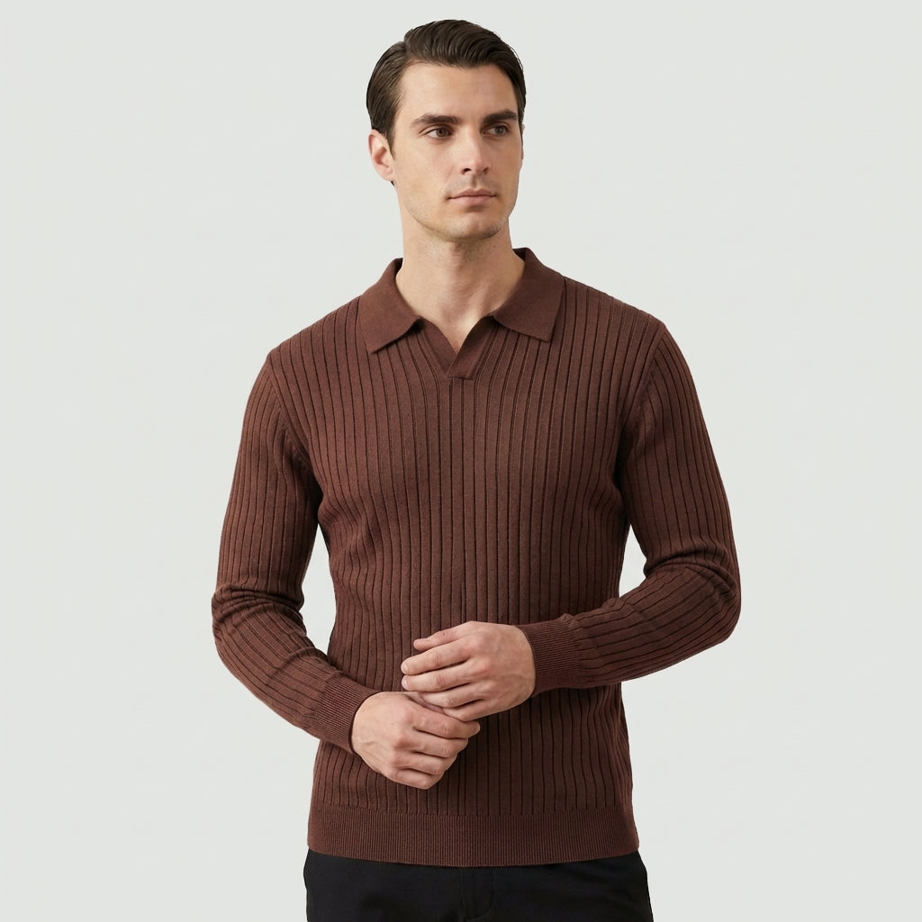 Rivaclo | Homme Polo en Maille Côtelée à Manches Longues | Coupe Ajustée