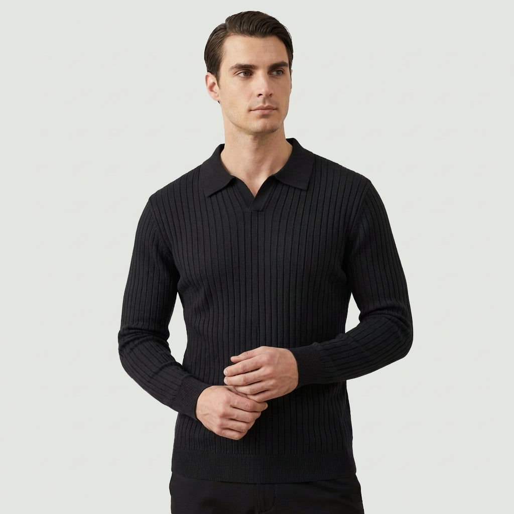 Rivaclo | Homme Polo en Maille Côtelée à Manches Longues | Coupe Ajustée