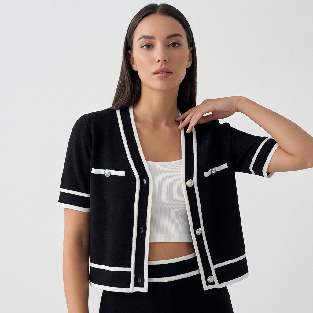 Rivaclo | Cardigan Femme en Maille Col V – Manches Courtes Boutonné